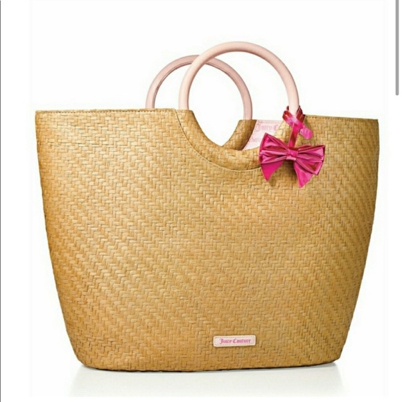 Juicy Couture Handbags - Juicy Couture Pink Bow Straw Beach Tote Bag